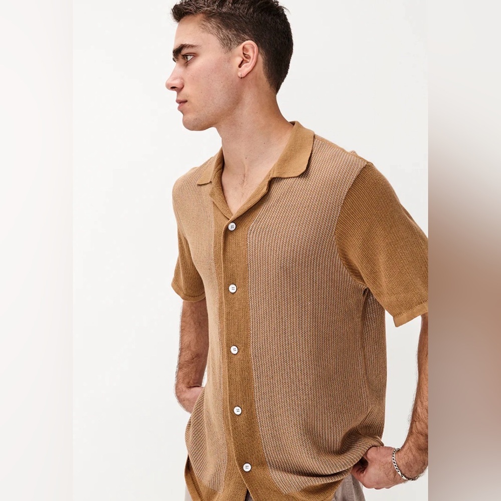 Rag & Bone textured knit sweater shirt short sleeve tan/camel/